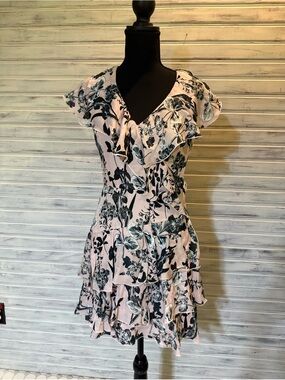 Parker Pink Floral Ruffle V-Neck Mini Dress